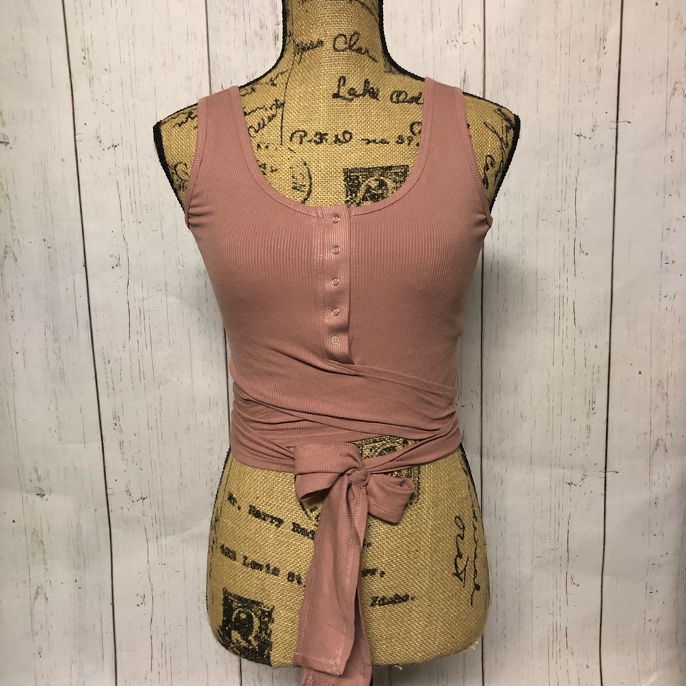 Wrap Around Ribbed Button Tank - Dusty Rose